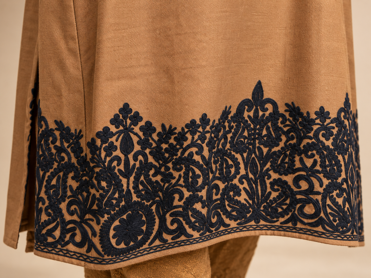 Kashmiri Khakhi Brown Aari Embroidered Pheran – Black Floral Elegance | Timeless Winter Wear | KOA Fashion