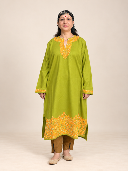 Golden Embroidered Olive Green Kashmiri Pheran | Timeless Ethnic Elegance | KOA Fashion