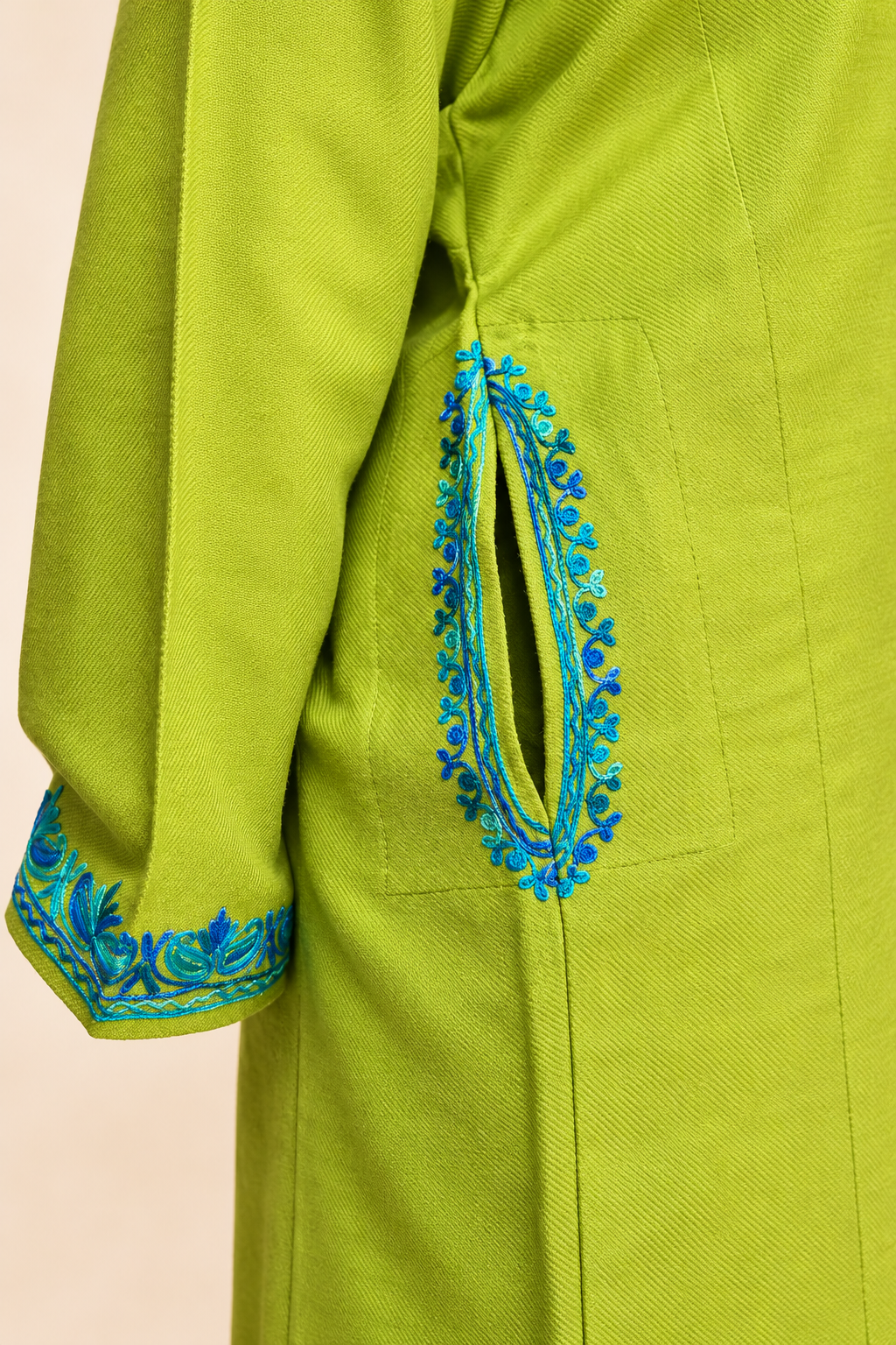 Kashmiri Olive Green and Turquoise Aari Embroidered Pheran – Lime Olive Green | Timeless Ethnic Elegance | KOA Fashion