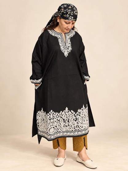 Ivory Embroidered Black Kashmiri Pheran | Timeless Ethnic Elegance | KOA Fashion