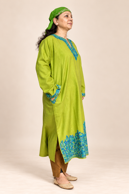 Kashmiri Olive Green and Turquoise Aari Embroidered Pheran – Lime Olive Green | Timeless Ethnic Elegance | KOA Fashion