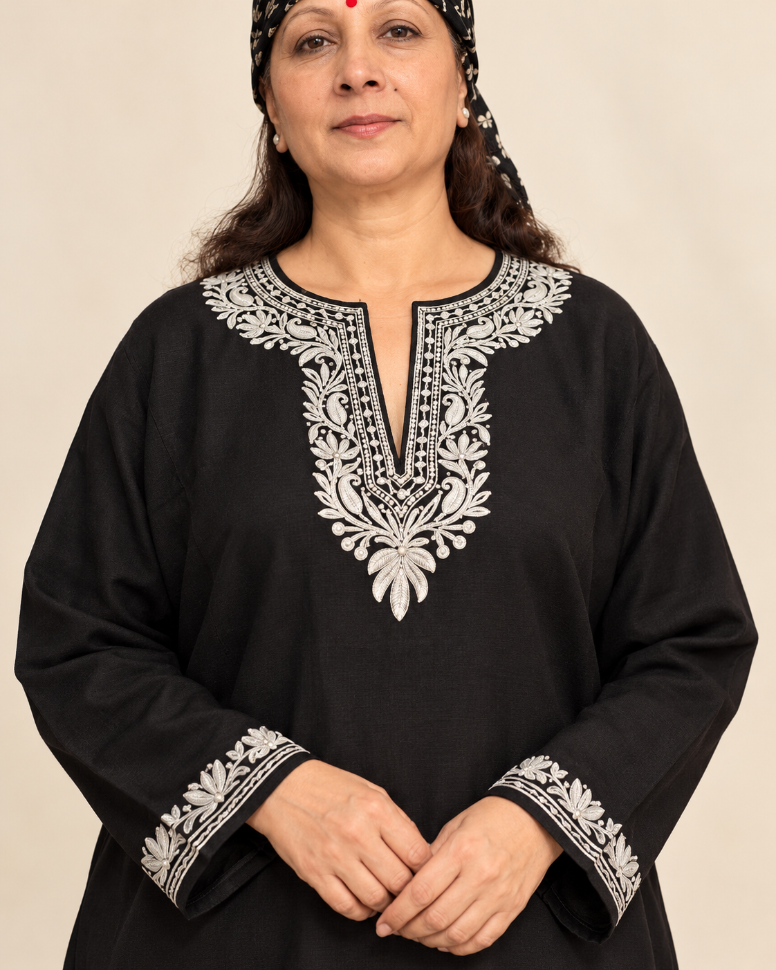 Ivory Embroidered Black Kashmiri Pheran | Timeless Ethnic Elegance | KOA Fashion