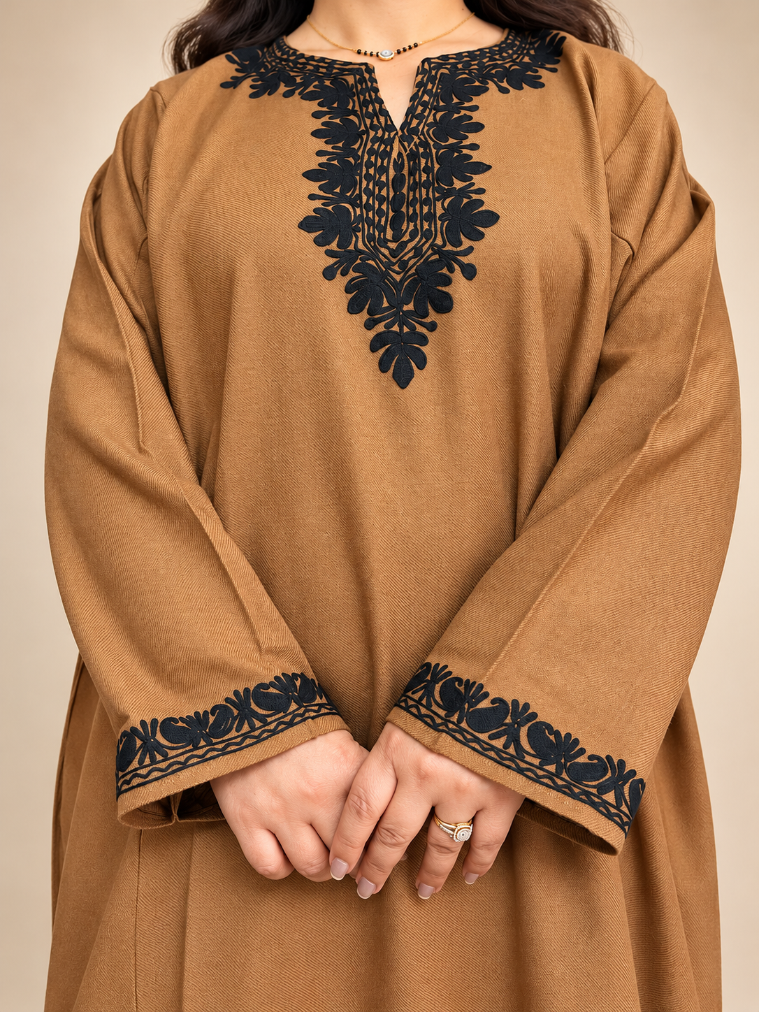 Kashmiri Khakhi Brown Aari Embroidered Pheran – Black Floral Elegance | Timeless Winter Wear | KOA Fashion