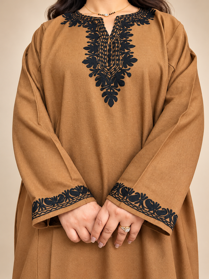 Kashmiri Khakhi Brown Aari Embroidered Pheran – Black Floral Elegance | Timeless Winter Wear | KOA Fashion