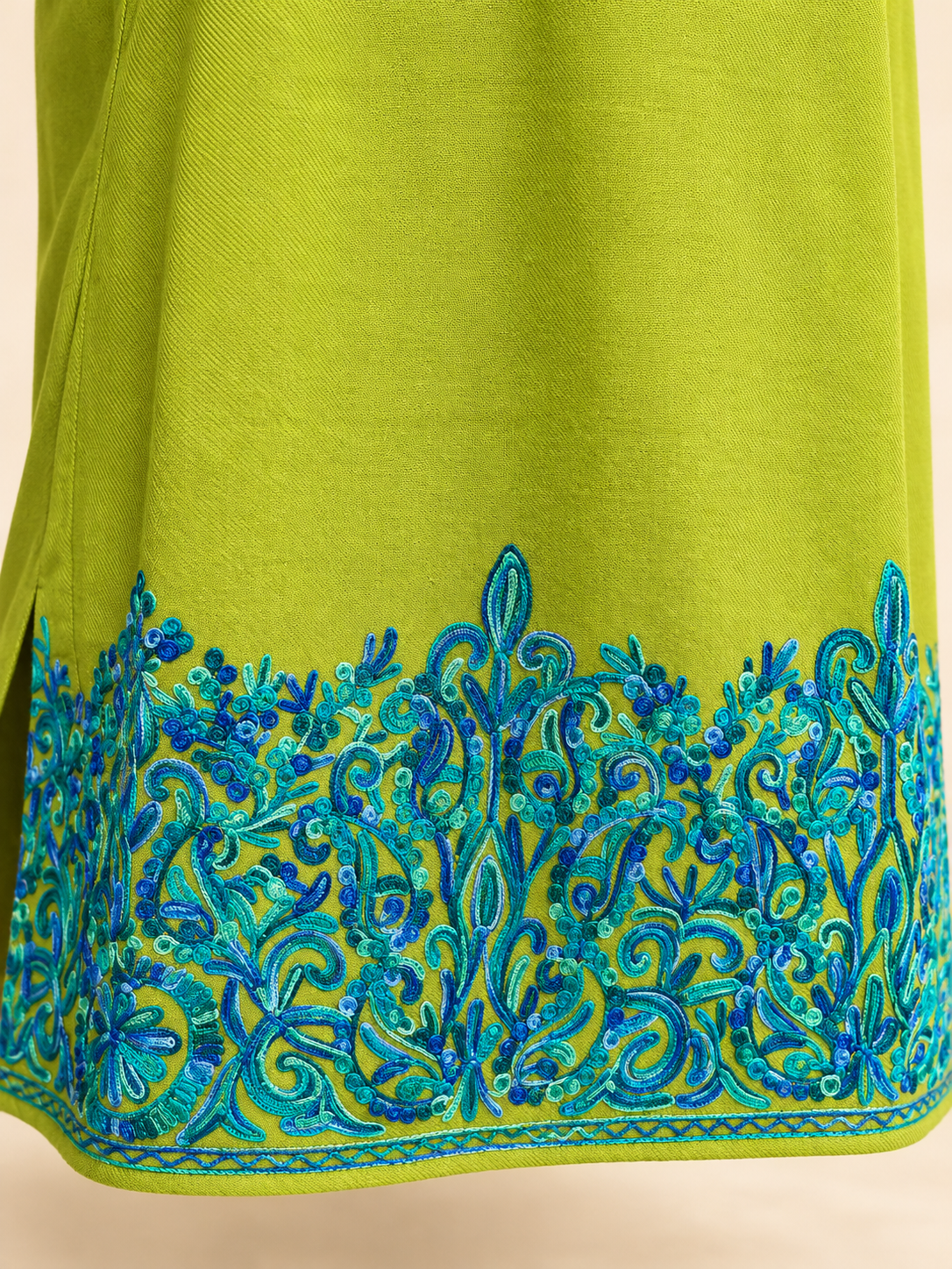 Kashmiri Olive Green and Turquoise Aari Embroidered Pheran – Lime Olive Green | Timeless Ethnic Elegance | KOA Fashion
