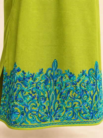 Kashmiri Olive Green and Turquoise Aari Embroidered Pheran – Lime Olive Green | Timeless Ethnic Elegance | KOA Fashion