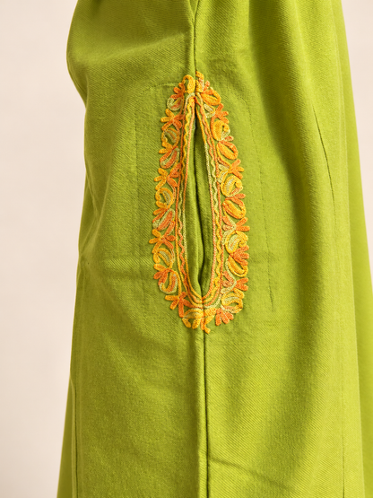 Golden Embroidered Olive Green Kashmiri Pheran | Timeless Ethnic Elegance | KOA Fashion