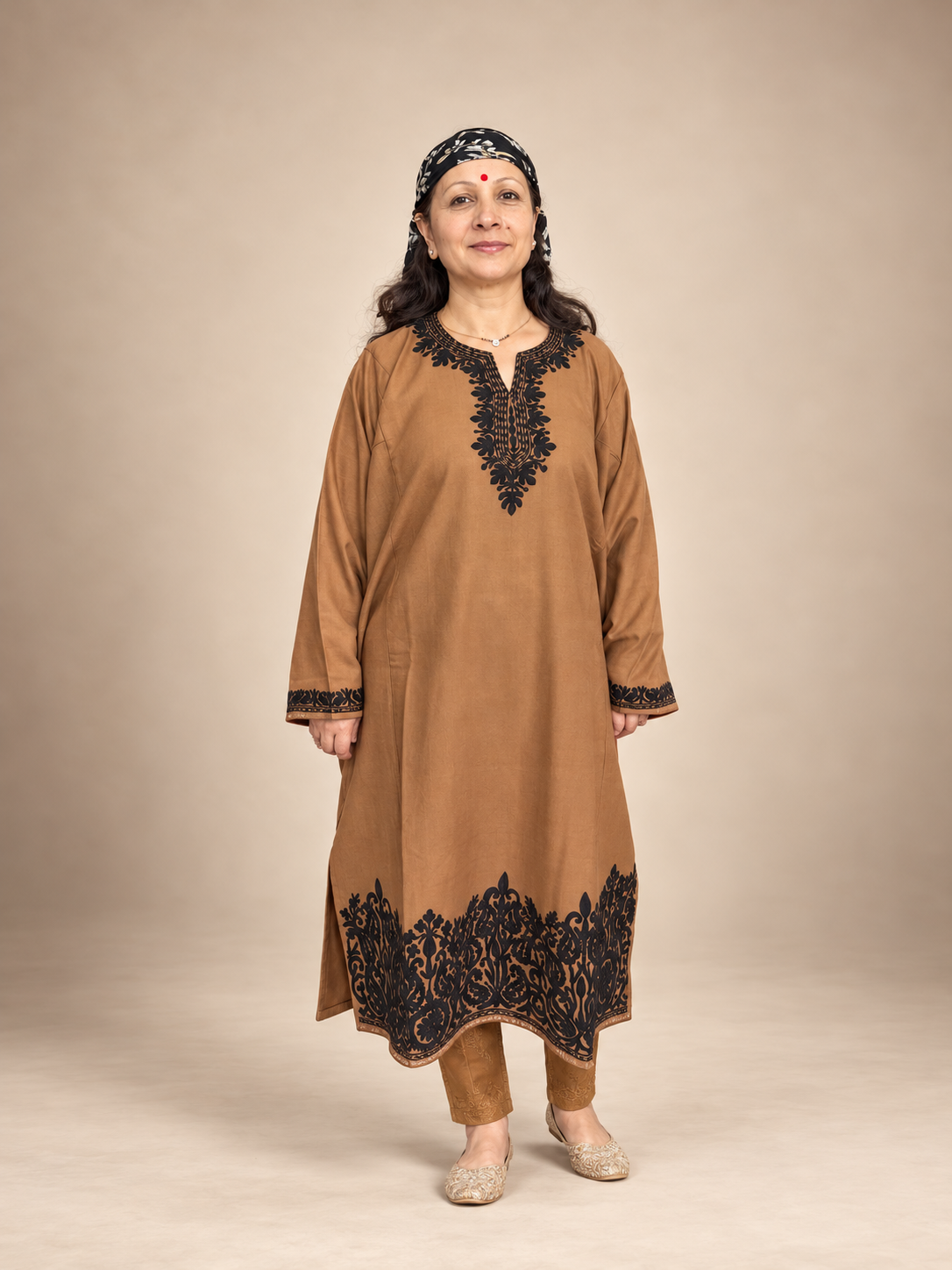 Kashmiri Khakhi Brown Aari Embroidered Pheran – Black Floral Elegance | Timeless Winter Wear | KOA Fashion