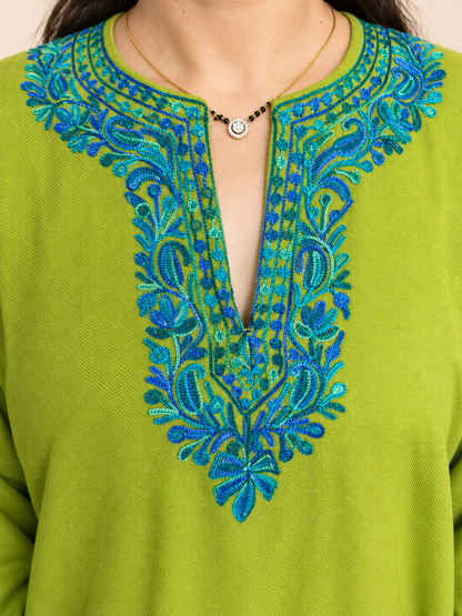 Kashmiri Olive Green and Turquoise Aari Embroidered Pheran – Lime Olive Green | Timeless Ethnic Elegance | KOA Fashion
