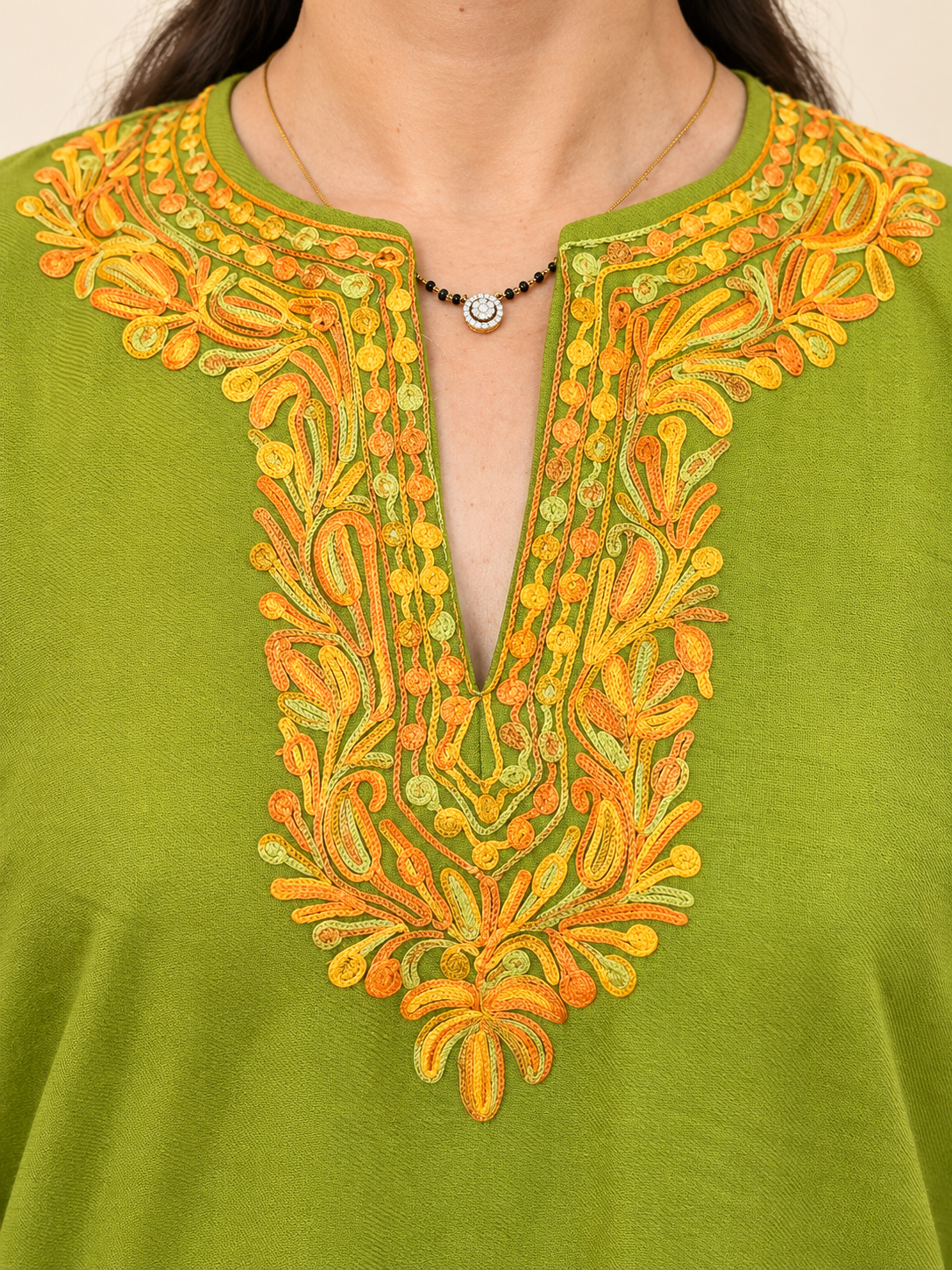 Golden Embroidered Olive Green Kashmiri Pheran | Timeless Ethnic Elegance | KOA Fashion