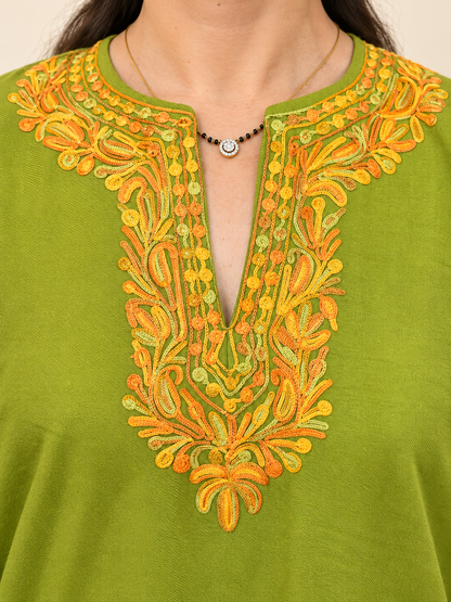 Golden Embroidered Olive Green Kashmiri Pheran | Timeless Ethnic Elegance | KOA Fashion