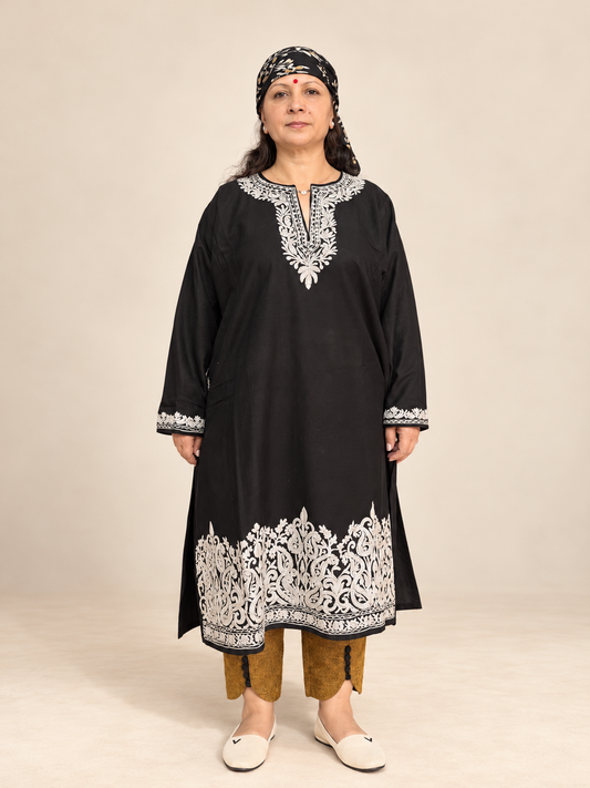 Ivory Embroidered Black Kashmiri Pheran | Timeless Ethnic Elegance | KOA Fashion