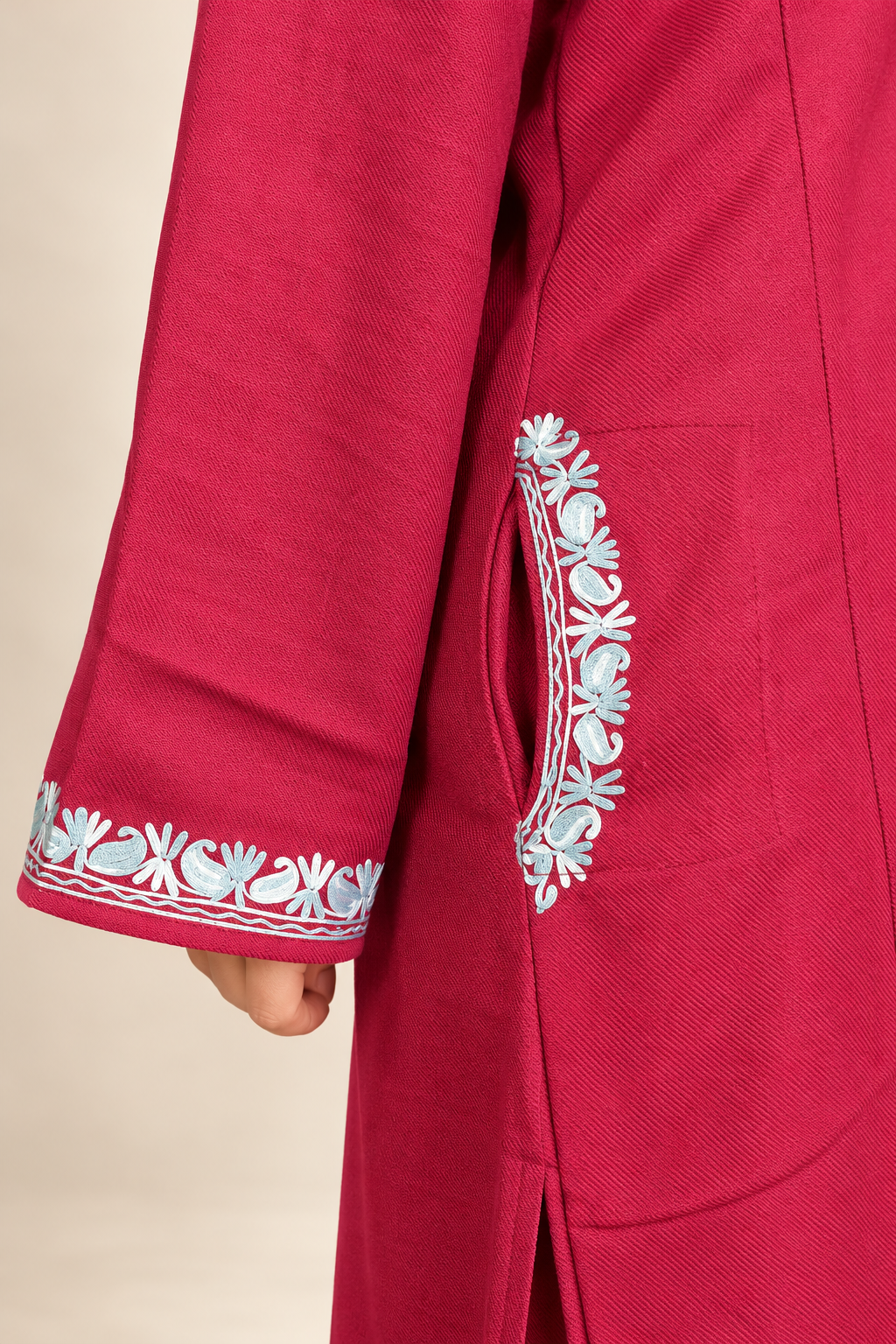 Kashmiri Rose Pink Aari Embroidered Pheran – Silver Elegance | Timeless Winter Wear | KOA Fashion