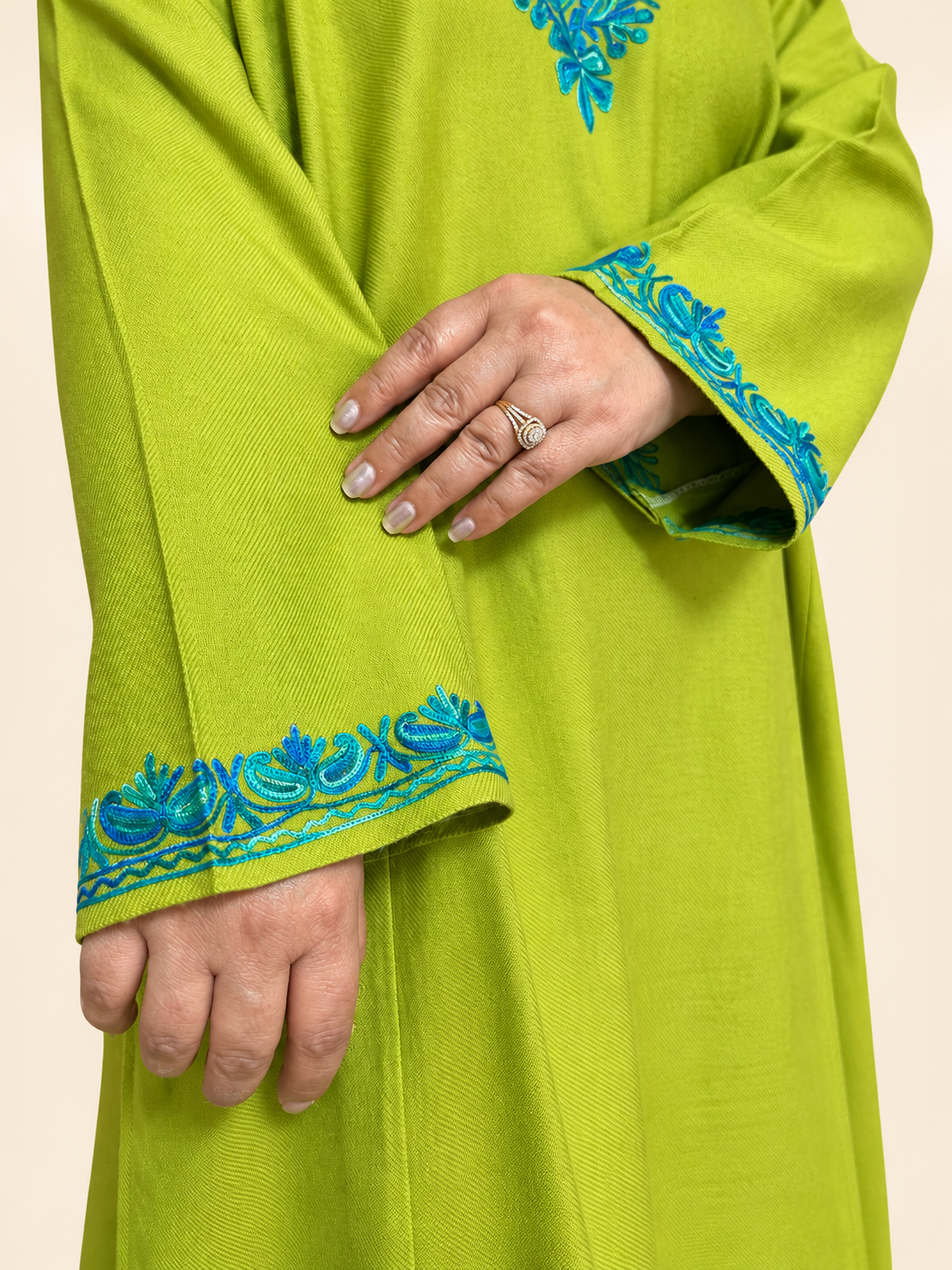 Kashmiri Olive Green and Turquoise Aari Embroidered Pheran – Lime Olive Green | Timeless Ethnic Elegance | KOA Fashion