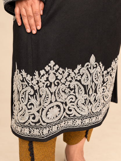 Ivory Embroidered Black Kashmiri Pheran | Timeless Ethnic Elegance | KOA Fashion