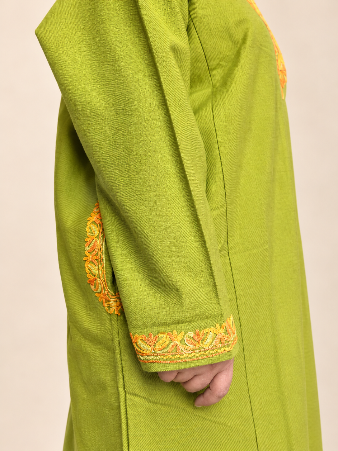 Golden Embroidered Olive Green Kashmiri Pheran | Timeless Ethnic Elegance | KOA Fashion