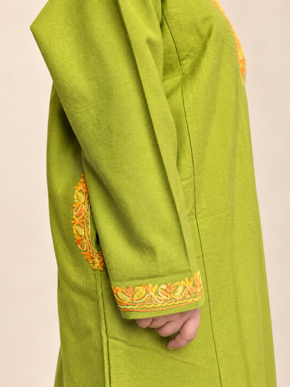 Golden Embroidered Olive Green Kashmiri Pheran | Timeless Ethnic Elegance | KOA Fashion