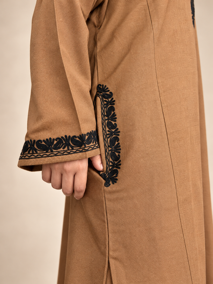 Kashmiri Khakhi Brown Aari Embroidered Pheran – Black Floral Elegance | Timeless Winter Wear | KOA Fashion