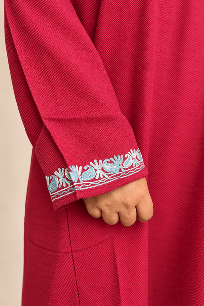 Kashmiri Rose Pink Aari Embroidered Pheran – Silver Elegance | Timeless Winter Wear | KOA Fashion