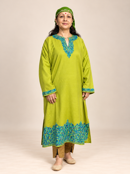 Kashmiri Olive Green and Turquoise Aari Embroidered Pheran – Lime Olive Green | Timeless Ethnic Elegance | KOA Fashion