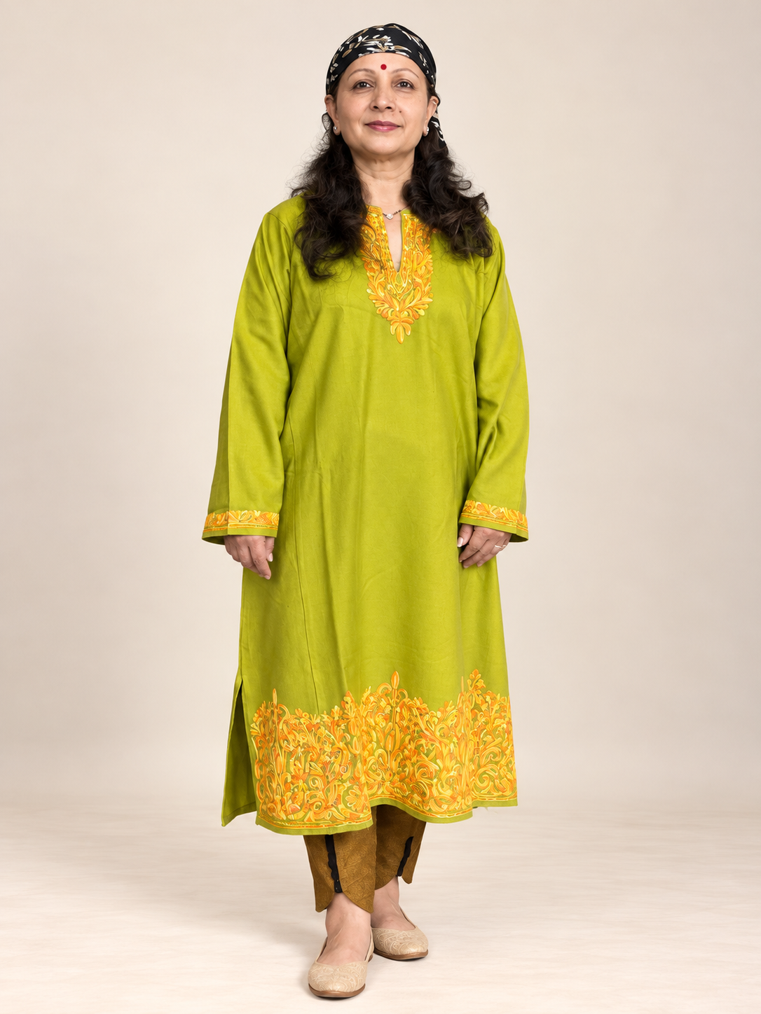 Golden Embroidered Olive Green Kashmiri Pheran | Timeless Ethnic Elegance | KOA Fashion