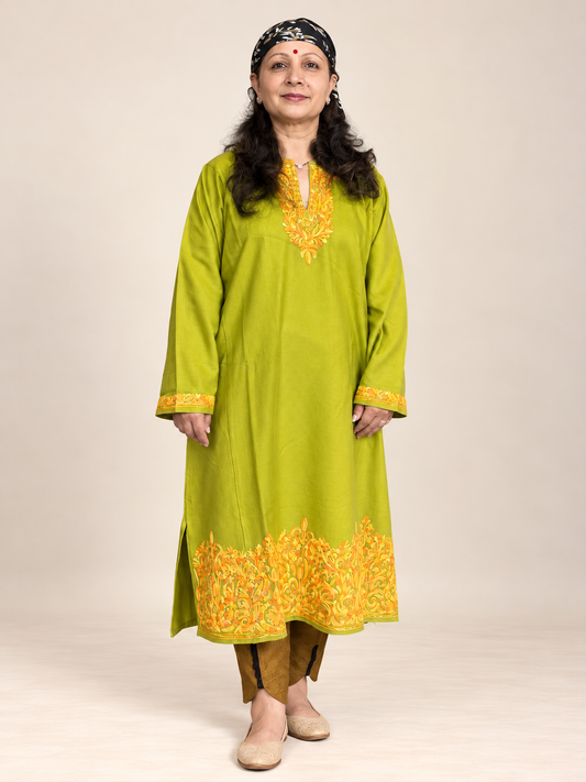 Golden Embroidered Olive Green Kashmiri Pheran | Timeless Ethnic Elegance | KOA Fashion
